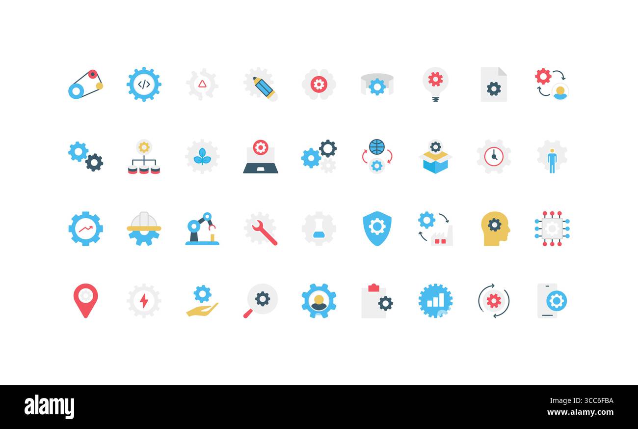 Ingranaggi di processo industriale e ingegneristico, produttività operativa in fabbrica, set di icone a colori del sistema. Ruote dentate di riparazione e manutenzione, macchinari e modifica IA illustrazione del vettore piatto Illustrazione Vettoriale