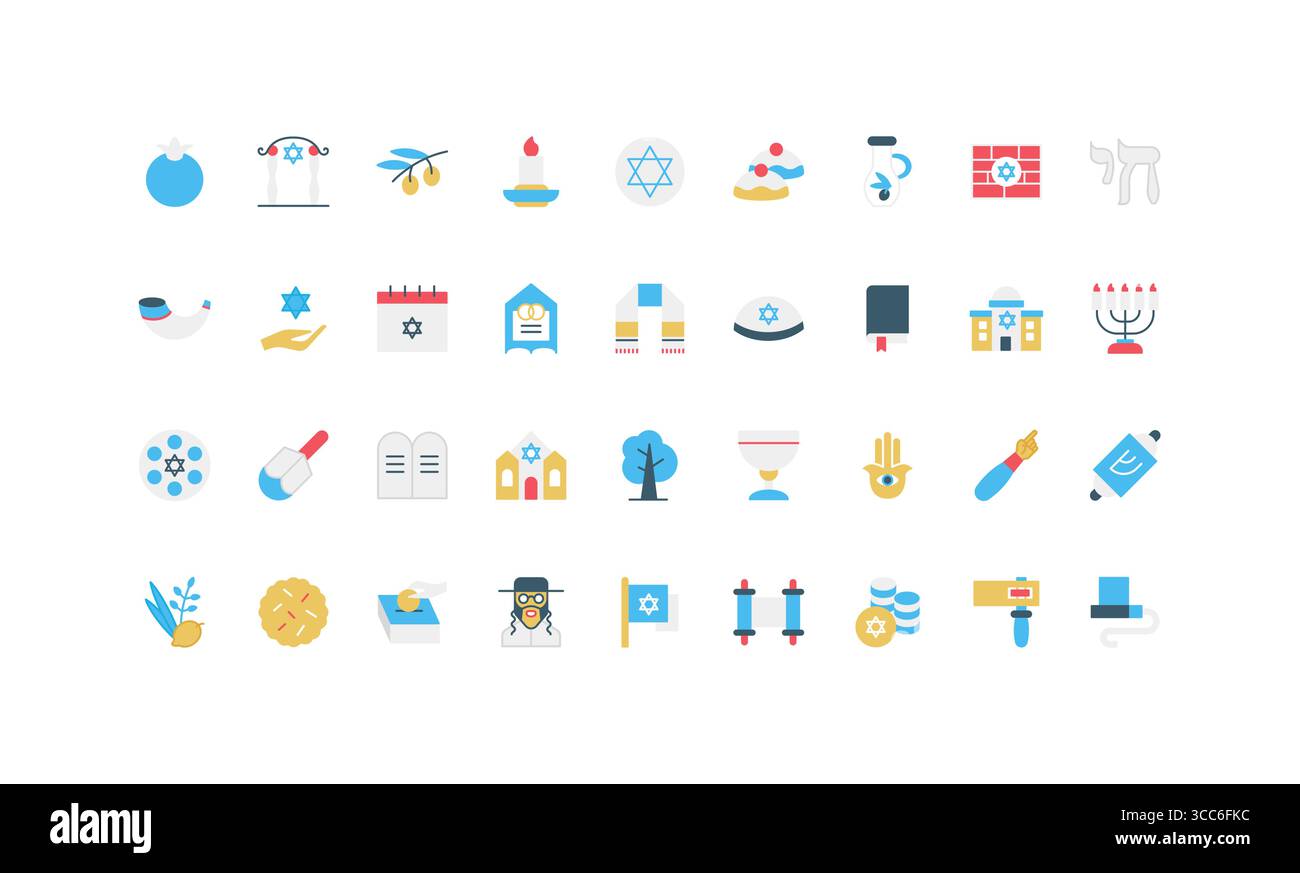 Simboli e tradizioni della religione ebraica in un semplice stile piatto, perfetto per progetti educativi, culturali o di design delle vacanze e per illustrazioni vettoriali di risorse web Illustrazione Vettoriale