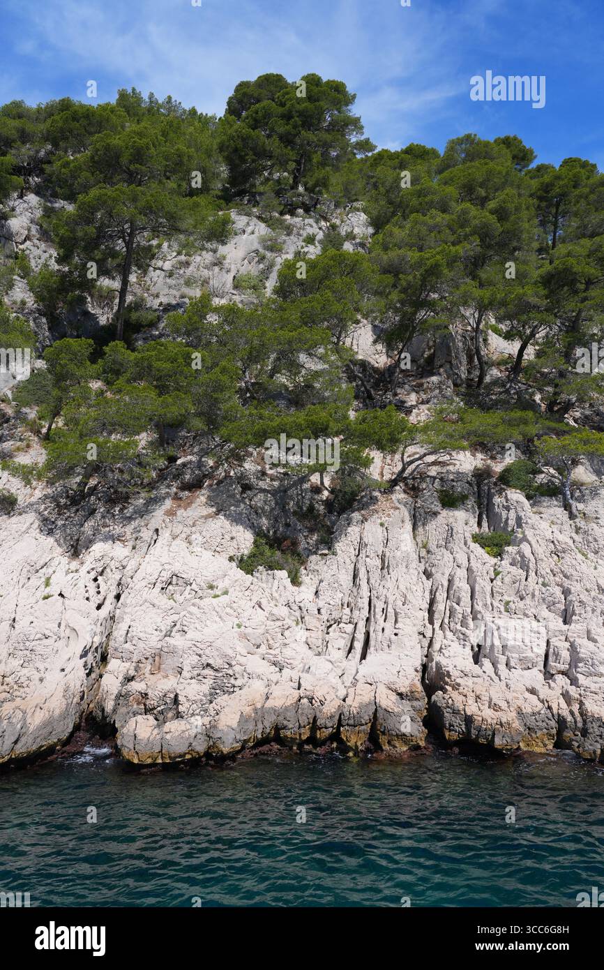 Vista delle Calanques de Cassis, un parco nazionale di scogliere calcaree sul Mar Mediterraneo vicino a Marsiglia, Francia Foto Stock