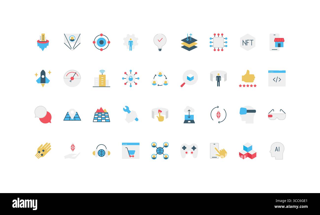 Icone piatte moderne che rappresentano metaverse, blockchain, VR, ai, gaming, e tecnologie digitali, perfette per la progettazione di web, app e presentazioni isolate su immagini vettoriali su sfondo bianco Illustrazione Vettoriale