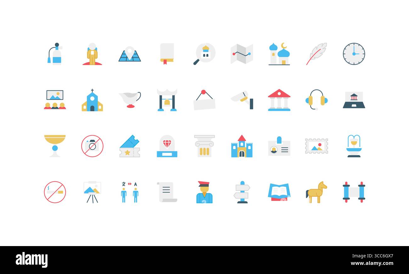 Colorate icone piatte dei musei per la storia, la cultura, l'istruzione e i progetti di viaggio, perfette per il web, applicazioni, infografiche e presentazioni isolate su sfondo bianco Illustrazione Vettoriale