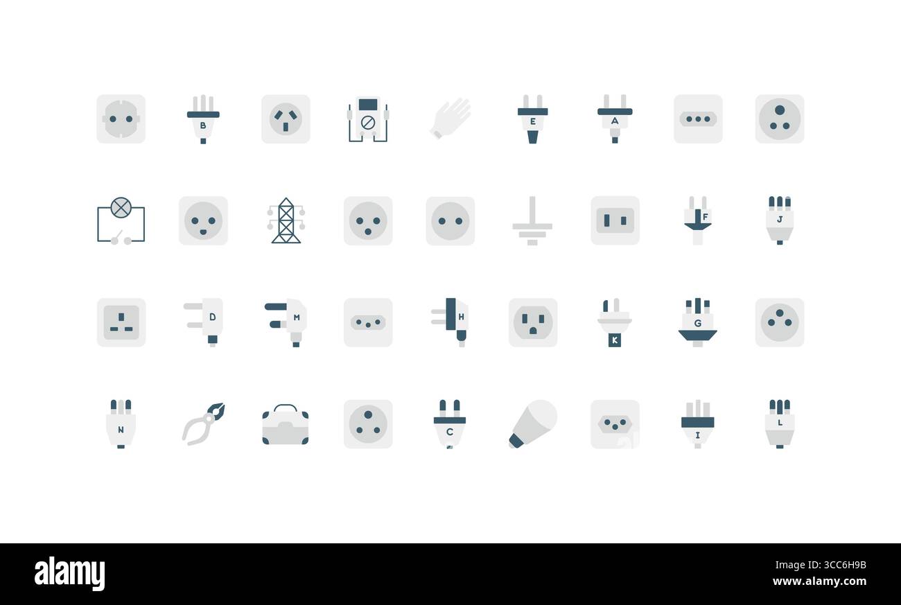 Collezione di vari tipi di connettori femmina e maschio di alimentazione internazionali in semplice stile bianco e nero piatto per standard elettrici, viaggio e illustrazione vettoriale isolato di riferimento di sicurezza Illustrazione Vettoriale