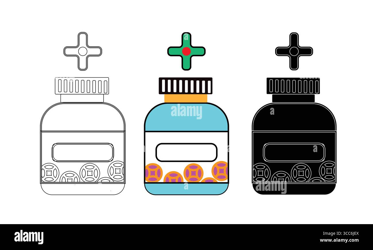 Illustrazioni di bottiglie mediche: Linee Art, colorate e audaci disegni neri con un simbolo di croce medica Illustrazione Vettoriale