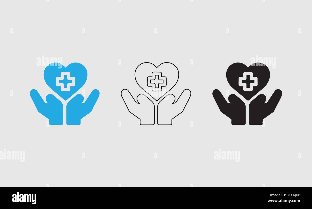 Sanità e beneficenza: Illustrazioni delle mani con un cuore e un simbolo di croce medica Illustrazione Vettoriale