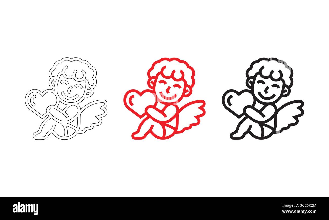 Delineare i disegni di un Cherub che tiene un cuore in vari stili Illustrazione Vettoriale