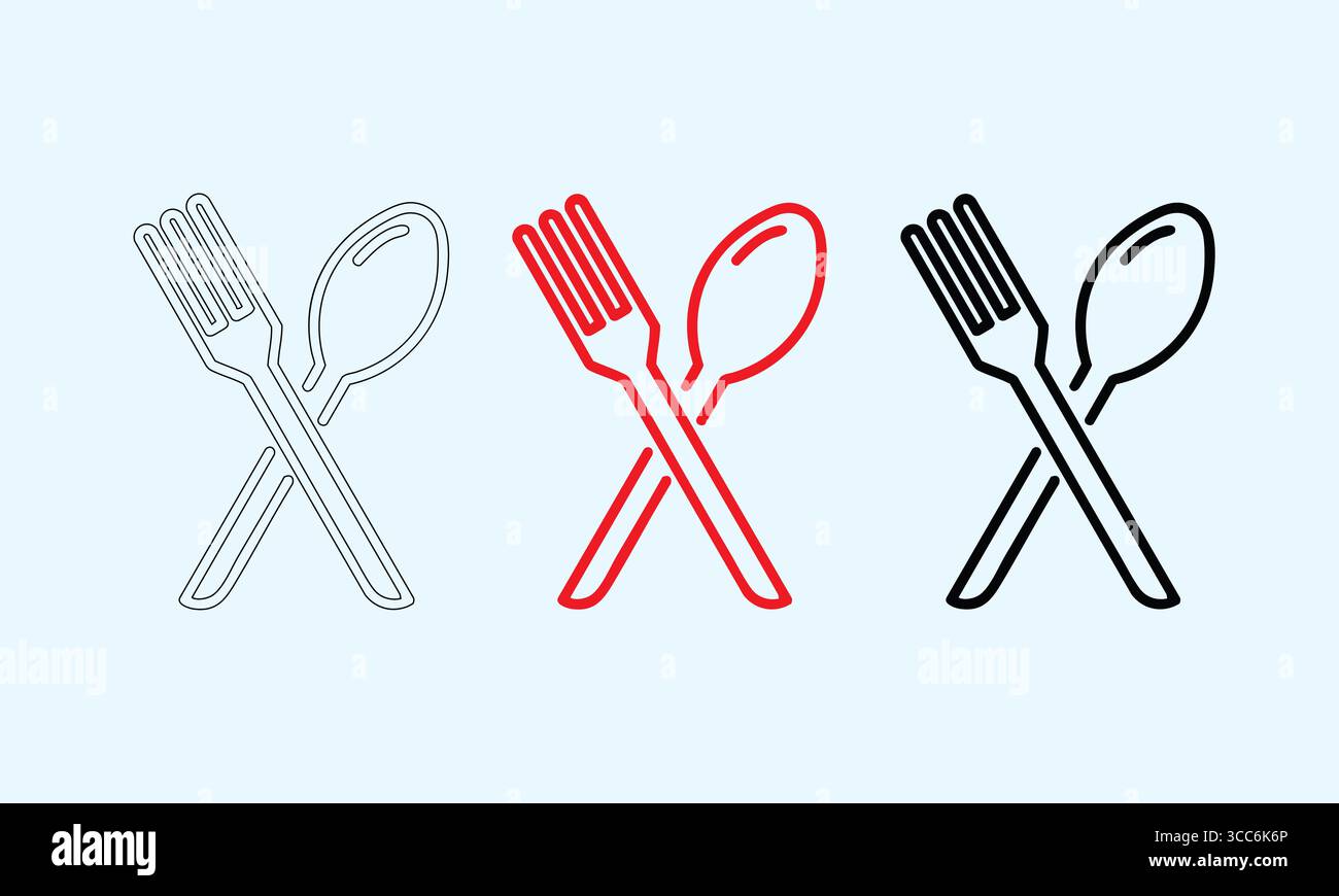 Illustrare le illustrazioni di stile di forcella e cucchiaio in vari colori Illustrazione Vettoriale