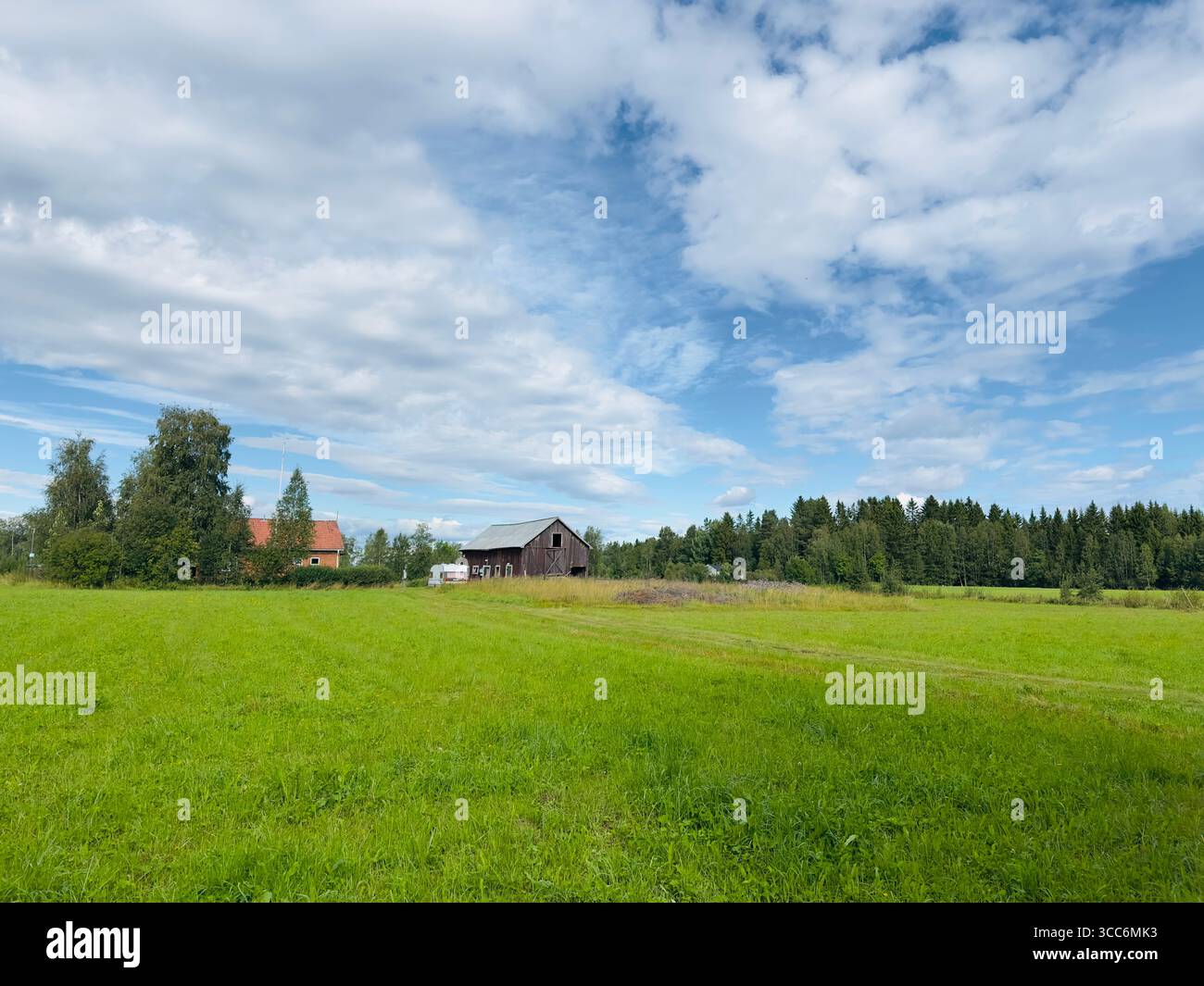 Un paesaggio pittoresco caratterizzato da un fienile, un campo verde e un cielo blu con nuvole. Foto Stock