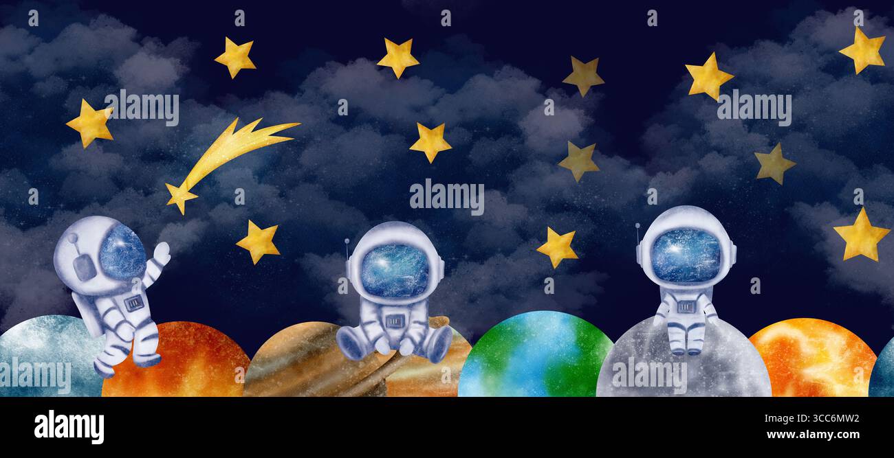 Cielo blu scuro, nuvole, stelle, Luna, astronauti, cosmonauti, pianeti del sistema solare compongono questo spazio di confine senza cuciture Foto Stock
