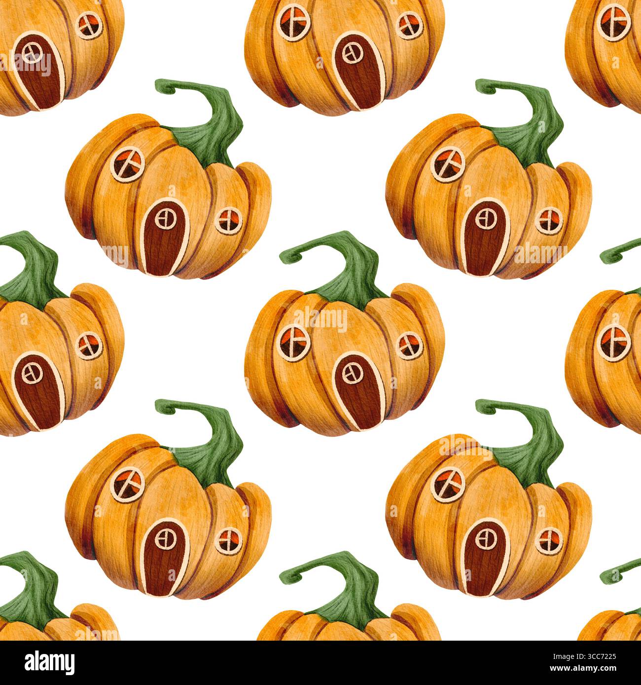 Motivo senza cuciture con divertente casetta delle zucche. Illustrazione ad acquerello disegnata a mano adatta per decorazione, stampa, tessuti Foto Stock