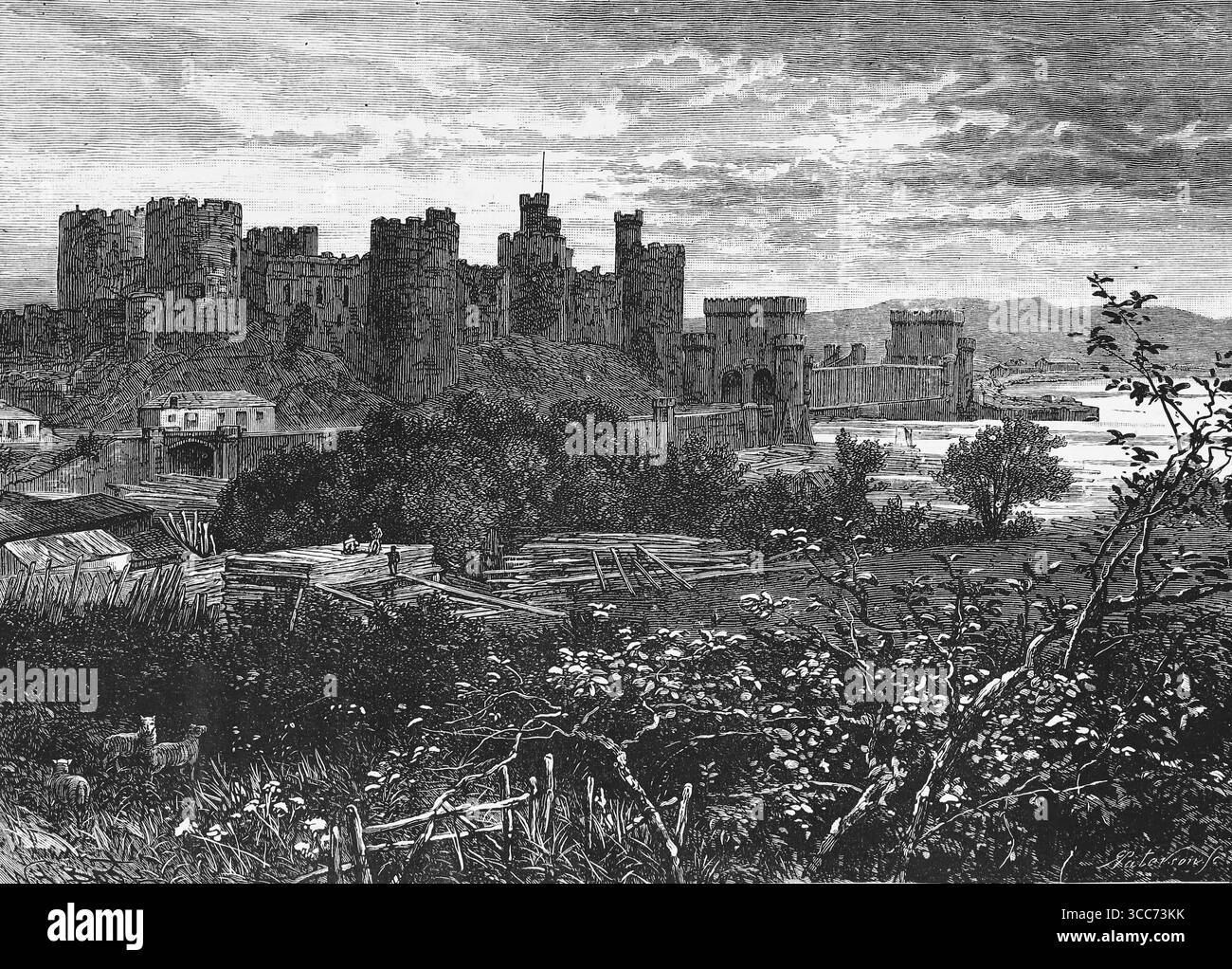 Conwy Castle visto dalla strada per LLanwrst. Black and White Illustration from Our Own Country Vol 4 pubblicato da Cassell, Petter, Galpin & Co. Alla fine del XIX secolo. Foto Stock