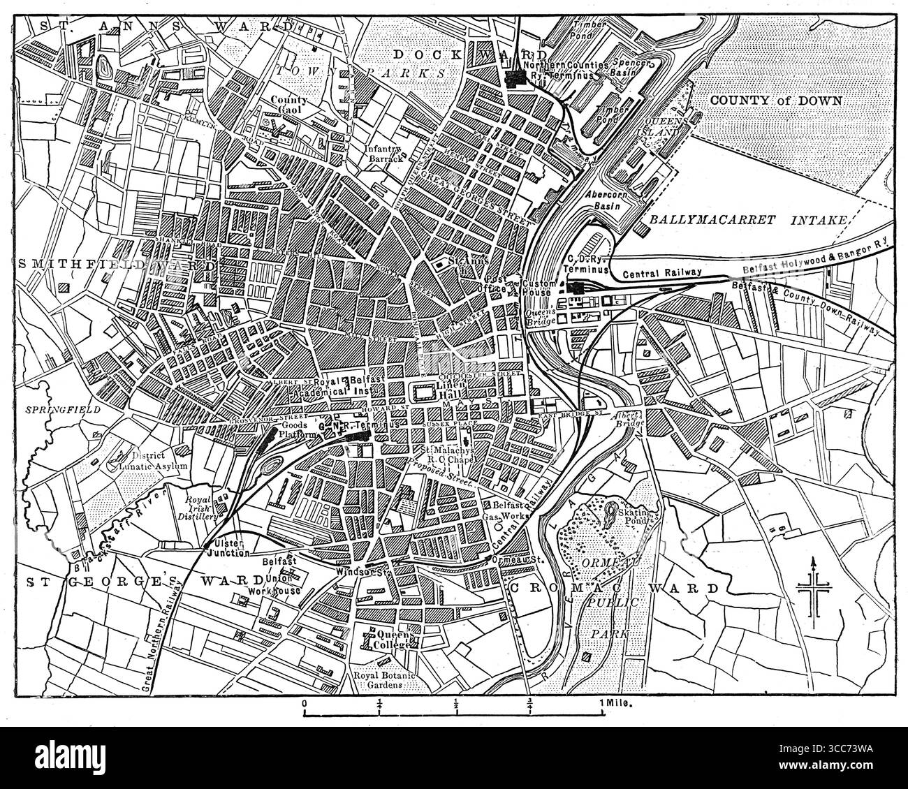 Mappa del XIX secolo di Belfast, Irlanda del Nord. Black and White Illustration from Our Own Country Vol 4 pubblicato da Cassell, Petter, Galpin & Co. Alla fine del XIX secolo. Foto Stock