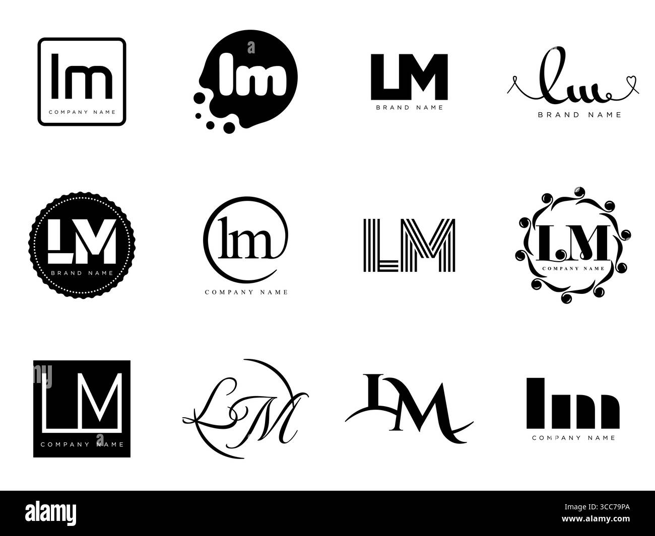 Modello azienda logo LM. Logotipo lettera l e m. Imposta diverse lettere serif classiche e testo moderno in grassetto con elementi di design. Tipog font iniziale Illustrazione Vettoriale