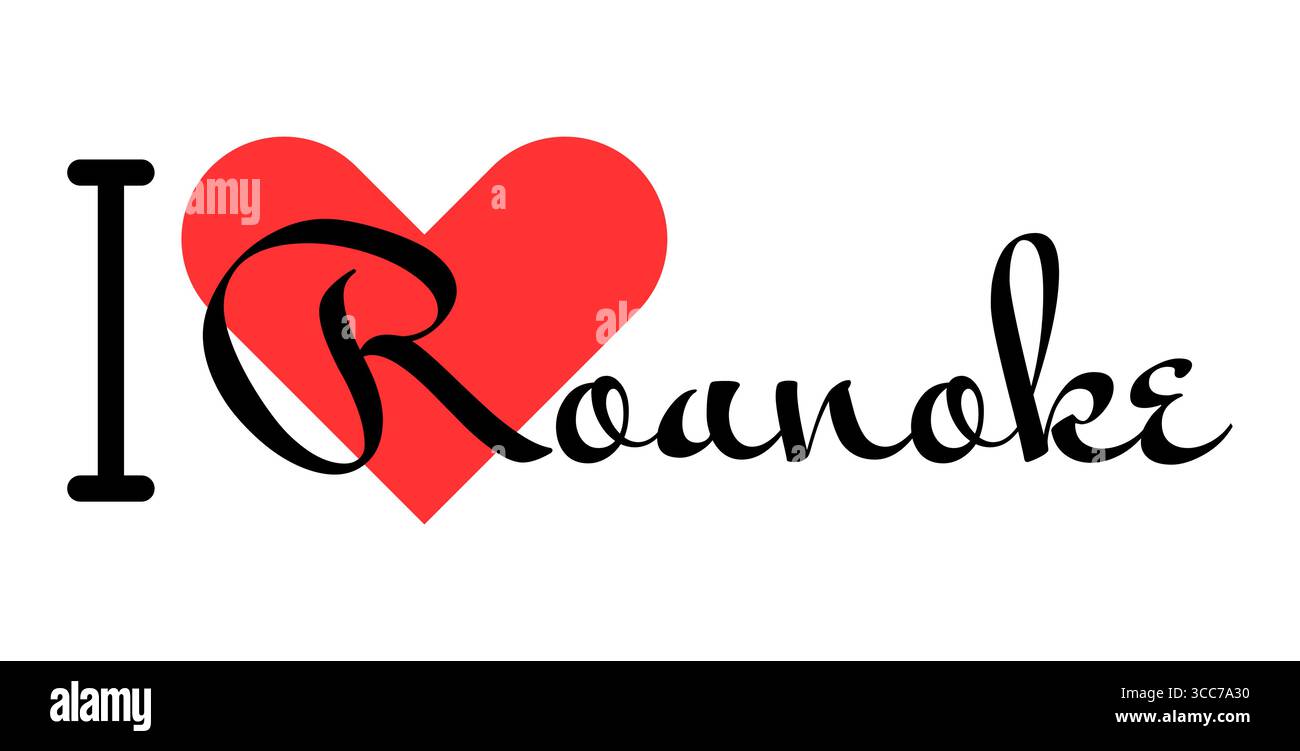 Amo Roanoke, città degli Stati Uniti. Lettere disegnate a mano con cuore rosso. Lettere per illustrazioni vettoriali, design moderno per t shirt, striscioni e post Illustrazione Vettoriale