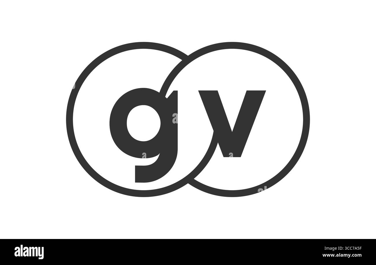 Emblema della società commerciale GV con arrotondamenti e lettere g v. modello del logo di due cerchi fusi per l'identità del marchio, il logotipo. Simb. Infinito vettoriale Illustrazione Vettoriale