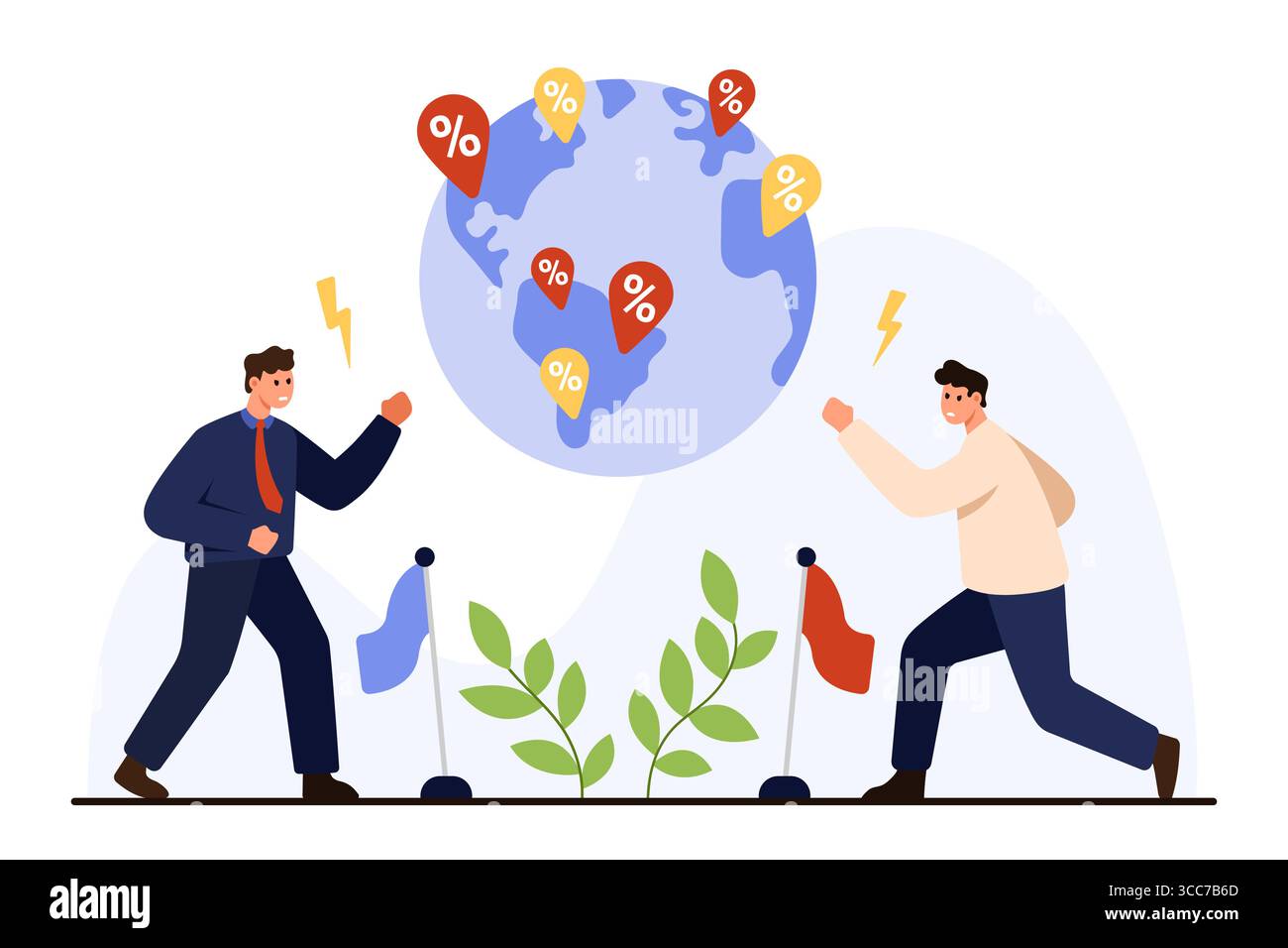 Due uomini d'affari si confrontano su questioni commerciali globali con simboli percentuali su una mappa mondiale. Concetto di concorrenza economica e guerre commerciali illustrazione vettoriale isolata Illustrazione Vettoriale