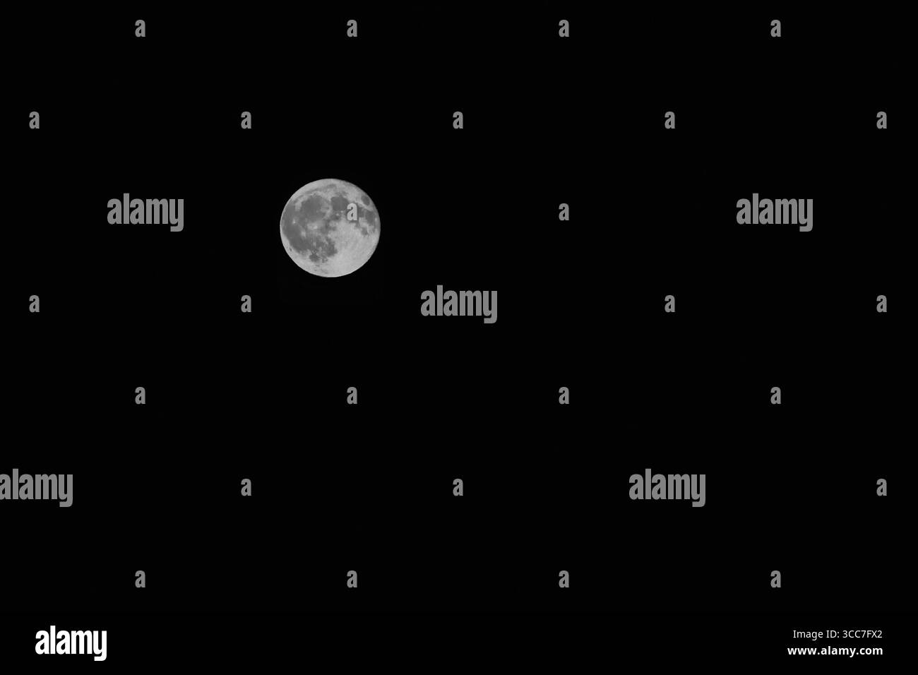 Luna piena in un cielo notturno nero da vicino. Foto Stock