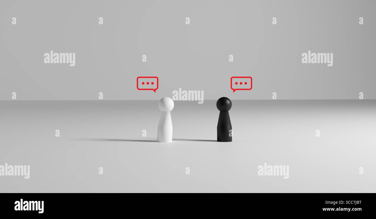 Illustrazione minimalista di bambole nere e pedone bianco uno di fronte all'altro con bolle di ellissi, che rappresentano una conversazione silenziosa, un disaccordo Foto Stock