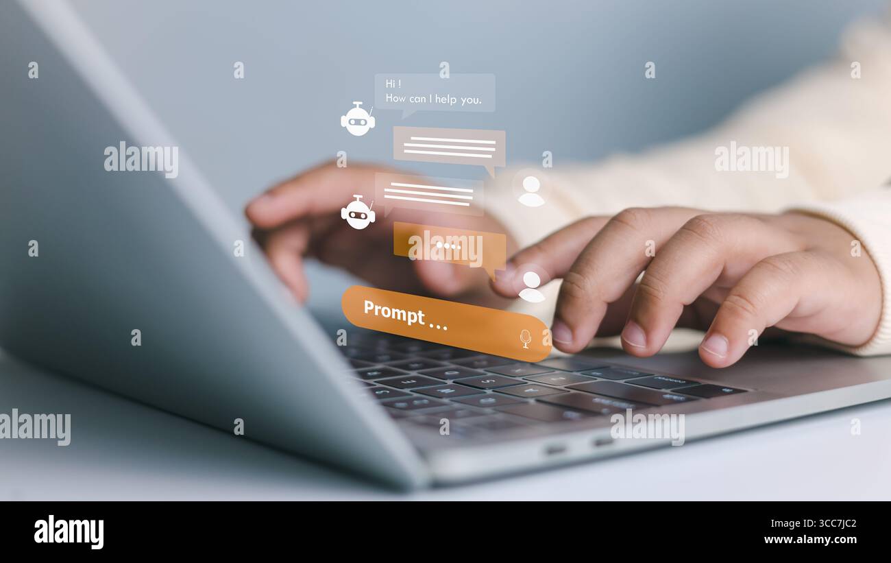 Intelligenza artificiale, assistente virtuale e innovazione tecnologica. Primo piano della digitazione manuale sul laptop con interfaccia chatbot ai e testo di richiesta. Foto Stock