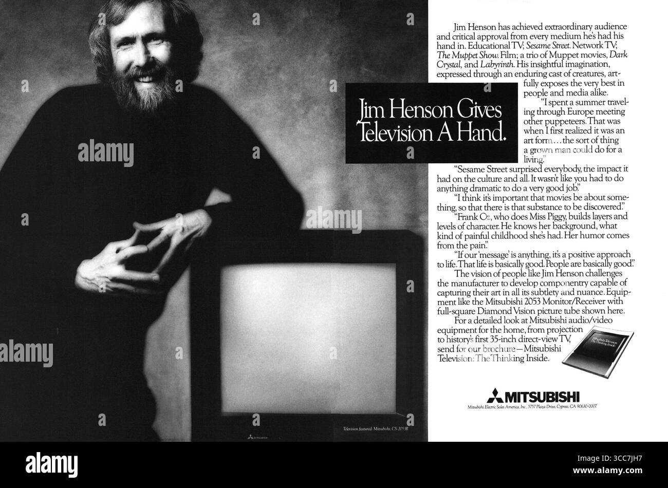 1986 annuncio televisivo per monitor/ricevitore Mitsubishi 2053 con Jim Henson, il creatore dei Muppets Foto Stock