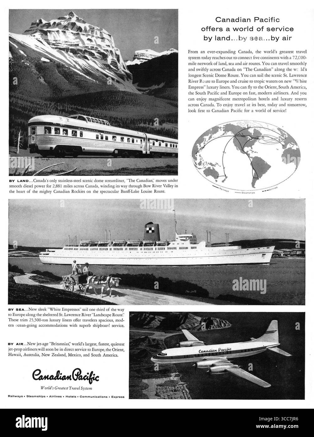 1958 annuncio del sistema di viaggio Canadian Pacific, streamliner The Canadian, nave da crociera White Empress, jet Britannia "servizio via terra via mare via aerea" Foto Stock