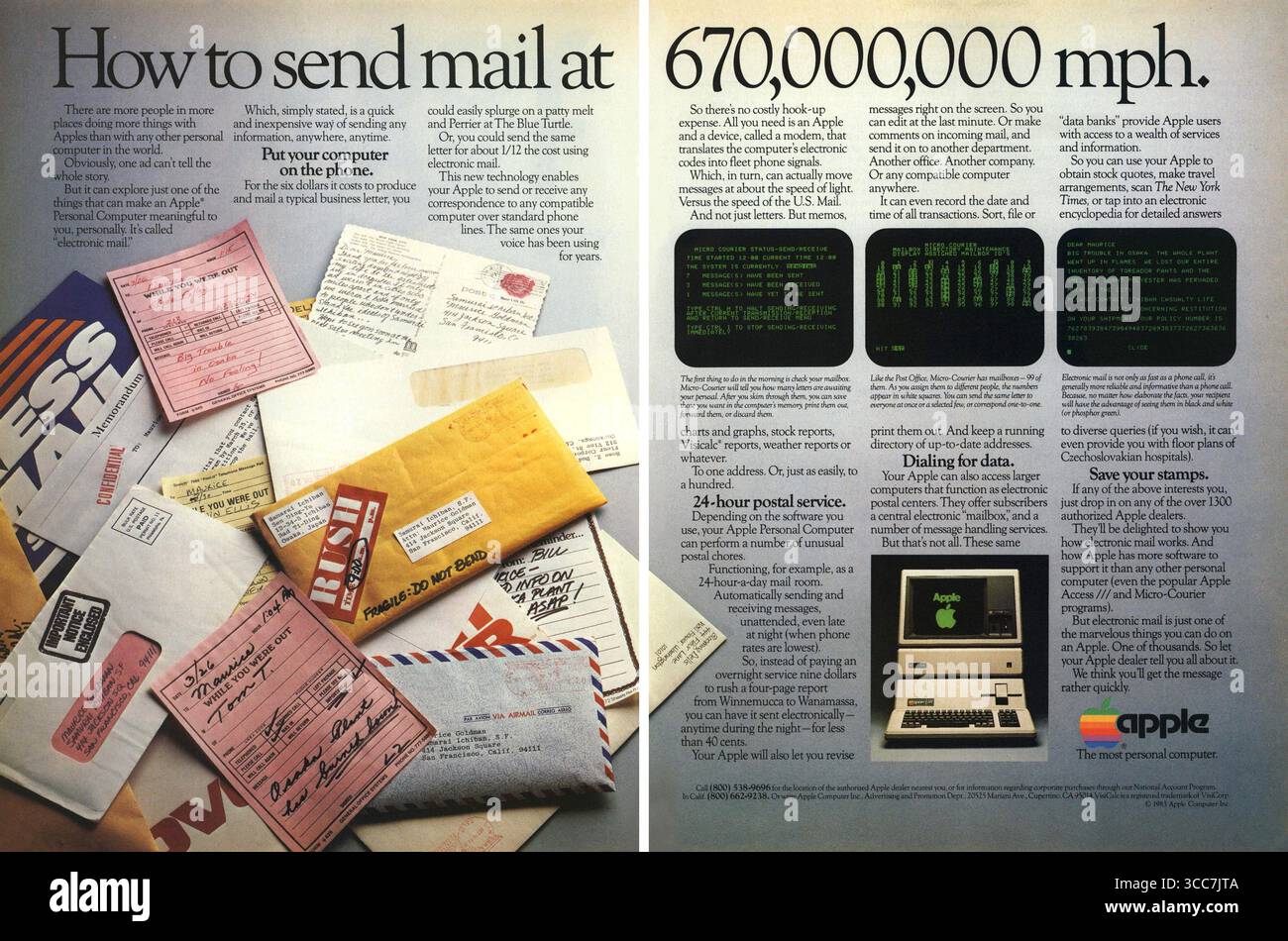 1983 annuncio per personal computer Apple III, "come inviare posta a 670.000.000 km/h" Foto Stock