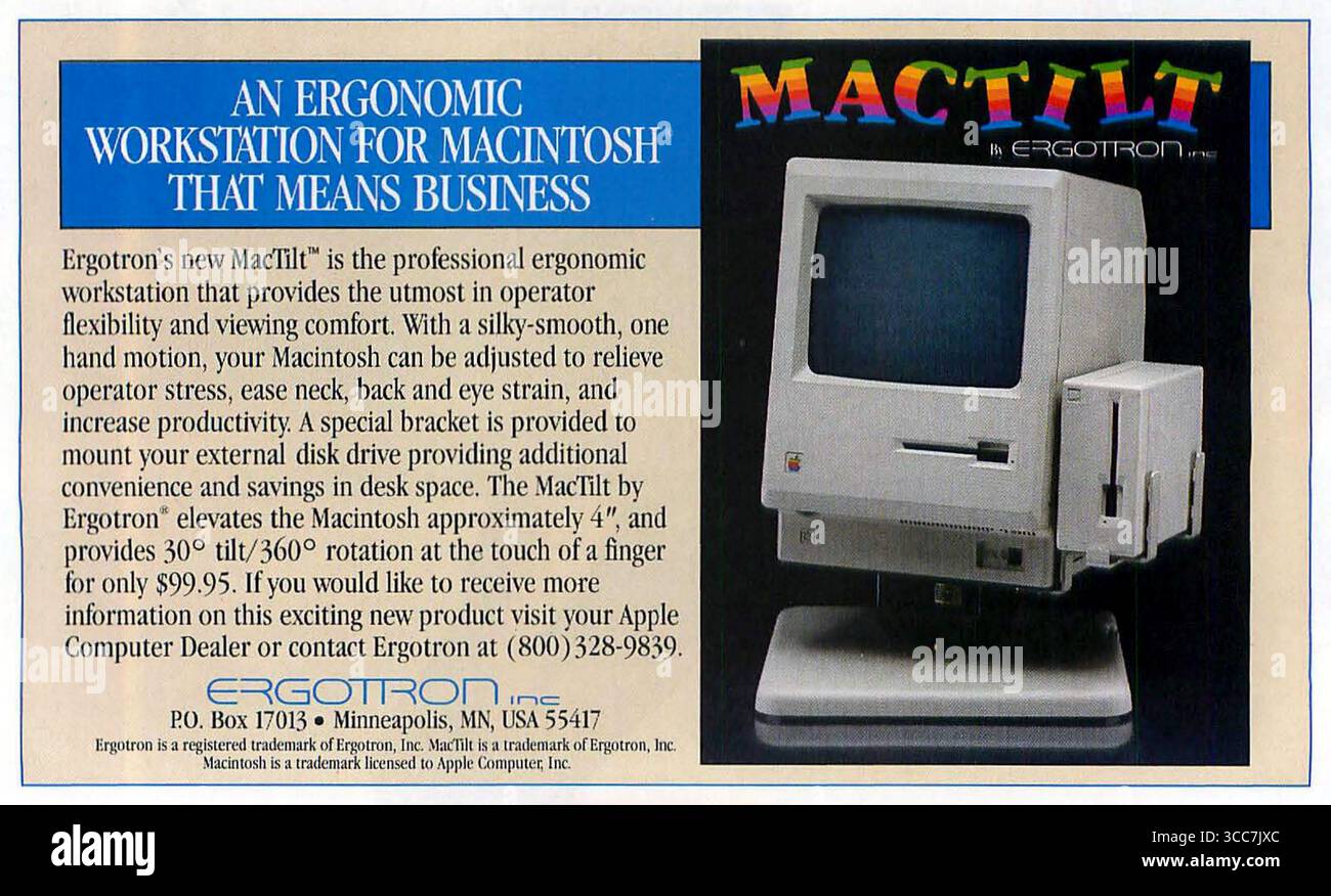 1985 MacTilt by Ergotron workstation per computer Apple Macintosh annuncio, rivenditore Ergatron a Minneapolis Foto Stock
