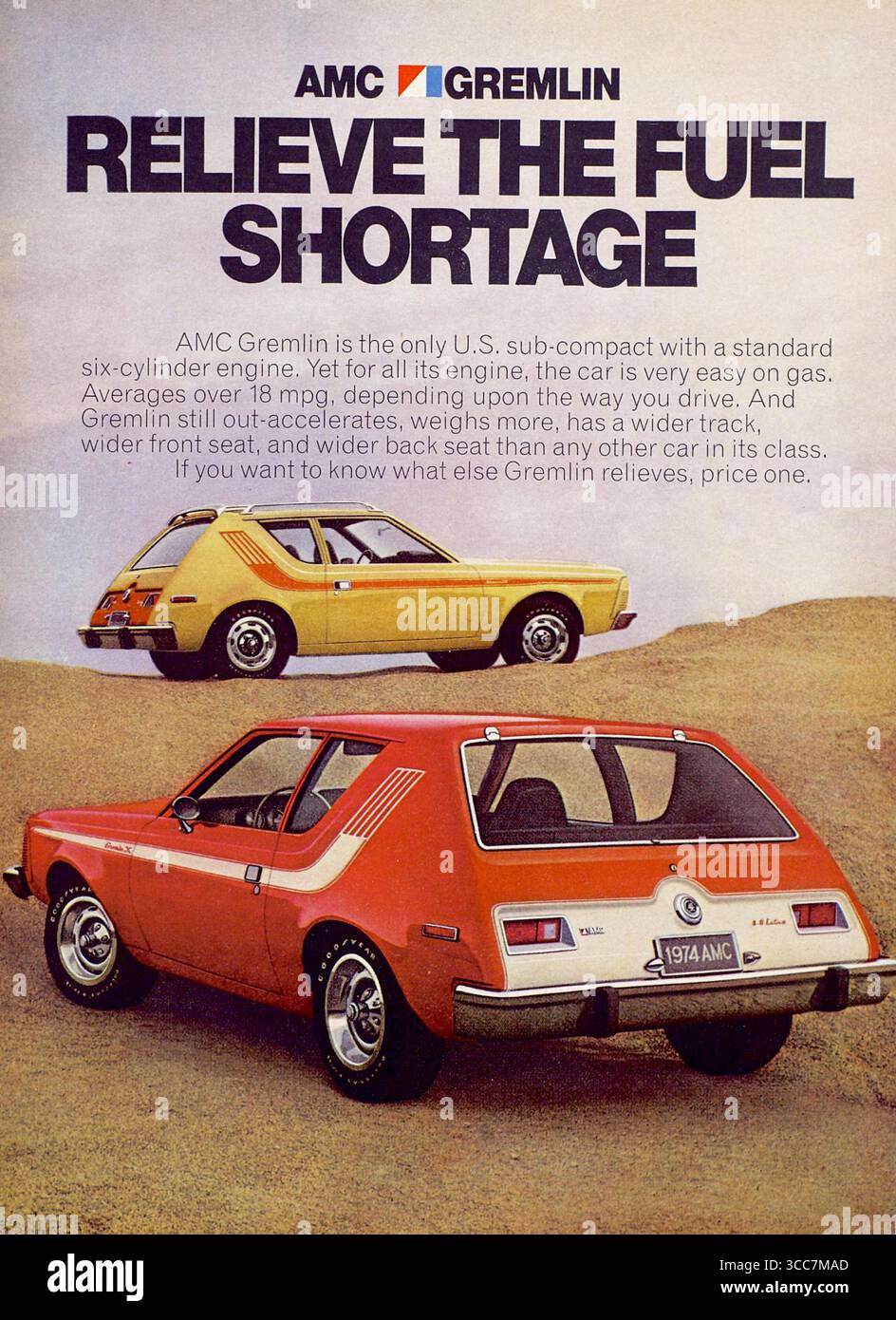 1974 AMC Gremlin, un'auto subcompatta a due porte prodotta dalla American Motors Corporation (AMC) Foto Stock