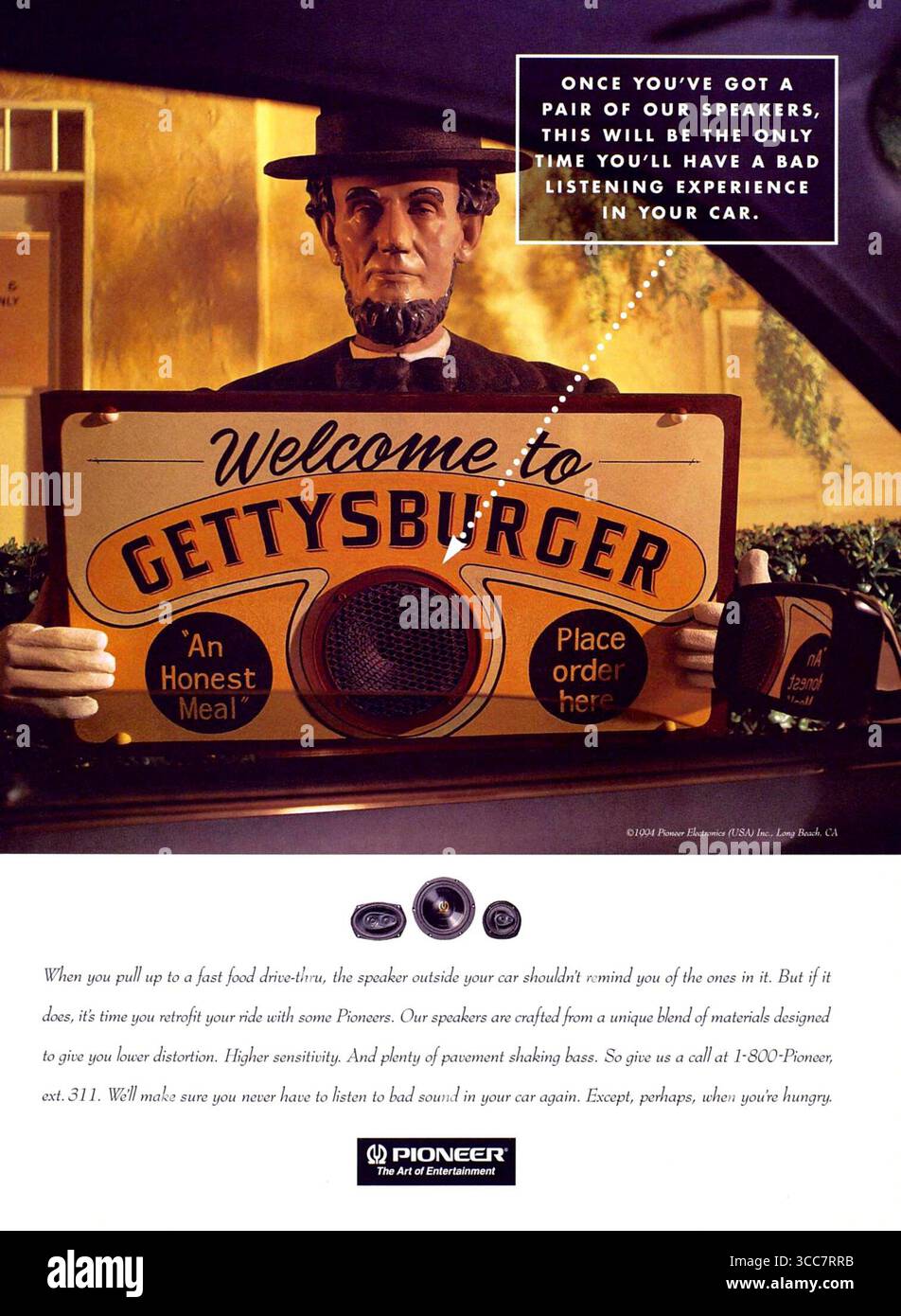 1987 Pioneer Speakers ad, benvenuto a Gettysburger, Abraham Lincoln Foto Stock 1987 Pioneer Speakers ad, benvenuto a Gettysburger, Abraham Lincoln Foto Stock
