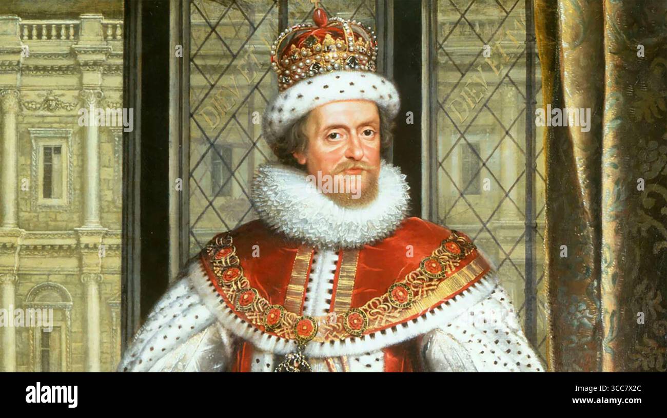 GIACOMO vi e i (1566-1625) dettaglio del ritratto di Paul Van Somer intorno al 1620 con la Banqueting House, Whitehall, sullo sfondo. Foto Stock