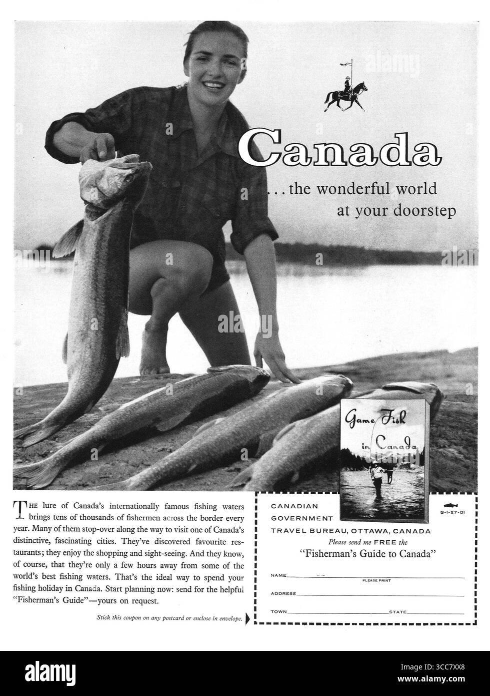 1960 annuncio di viaggio in Canada, Game Fish in Canada, Travel Bureau Ottawa Canada Foto Stock