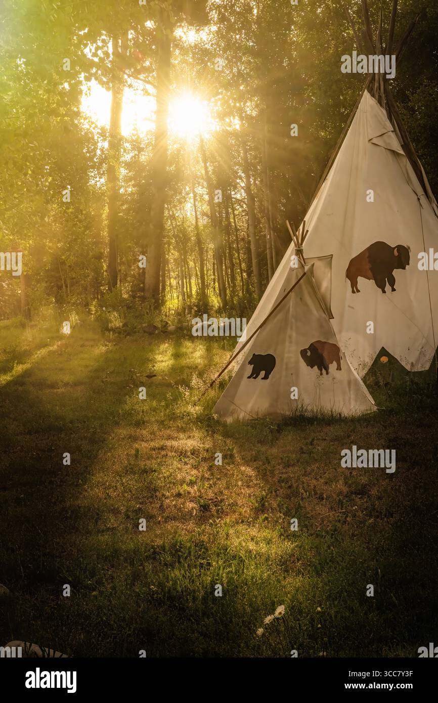 La luce del sole dorata scorre attraverso gli alberi, gettando raggi caldi sui tradizionali tepee decorate con immagini di orsi e bisonti in una foresta tranquilla e limpida Foto Stock La luce del sole dorata scorre attraverso gli alberi, gettando raggi caldi sui tradizionali tepee decorate con immagini di orsi e bisonti in una foresta tranquilla e limpida Foto Stock
