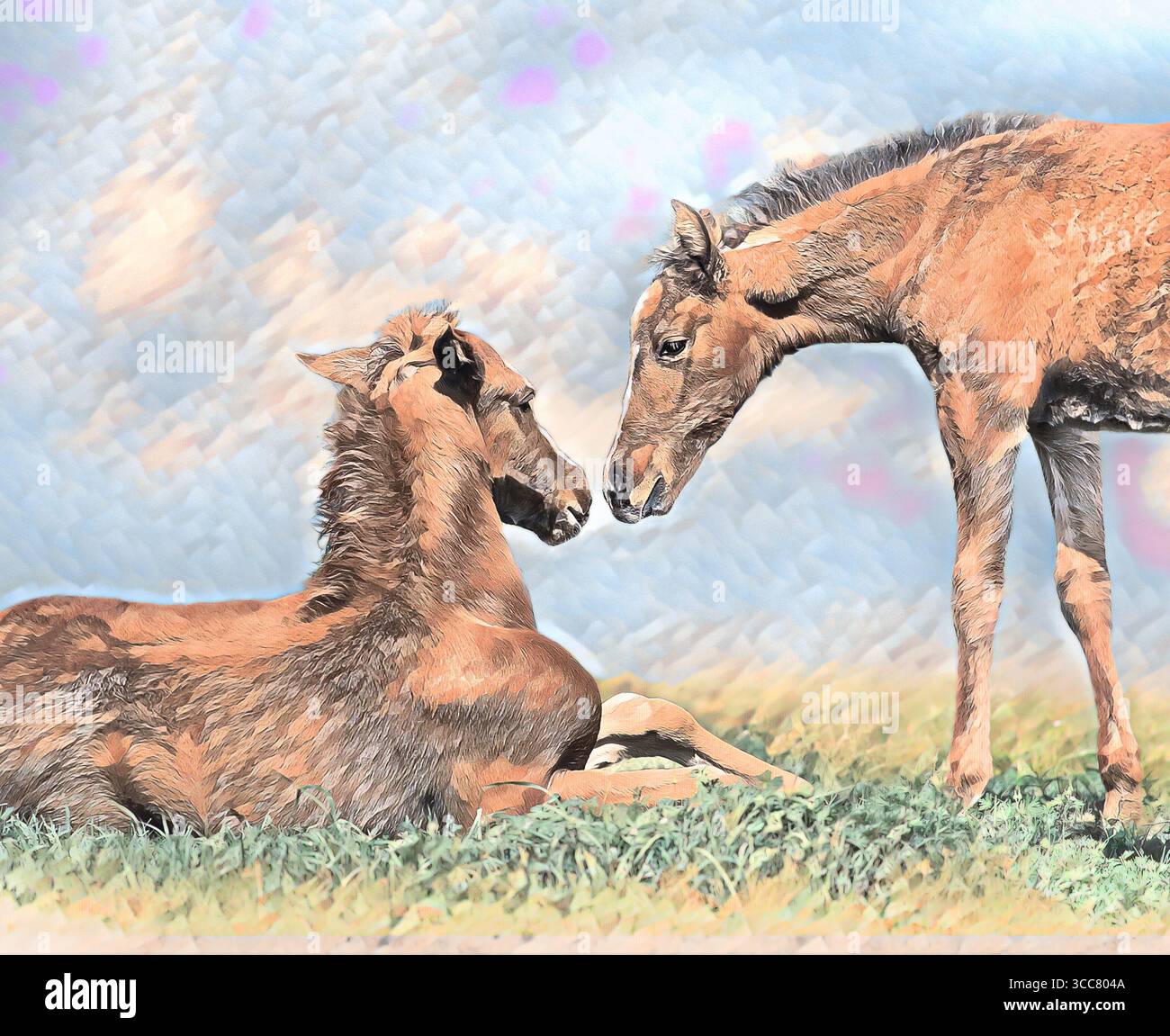 I puledri di cavallo animato giocherellono socializzano nel paddock aperto. Foto artistiche digitali stilizzate. Foto Stock
