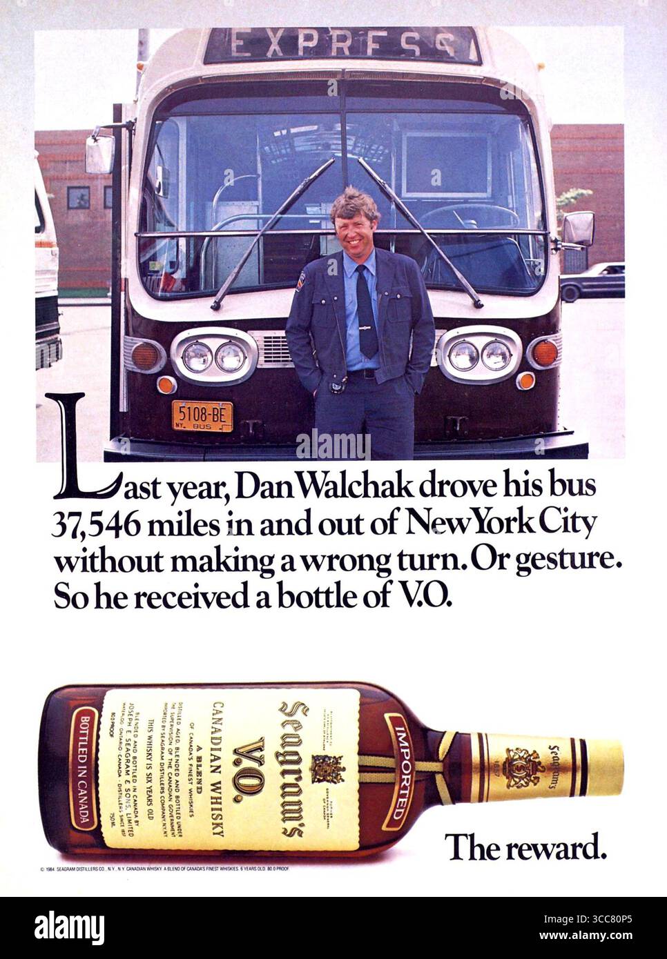1985 Seagram's V.O. Whisky ad, con Dan Walchak, autista di New York City Bus Foto Stock