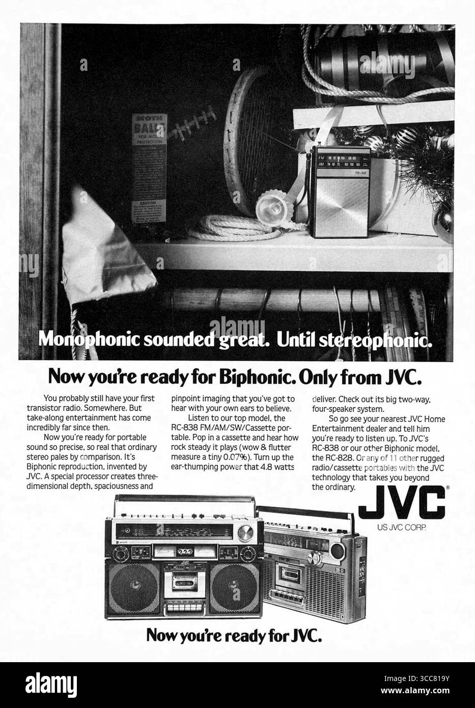 1979 annuncio per stereo portatili con cassetta portatile JVC RC-838 RC-828 bifonica Foto Stock