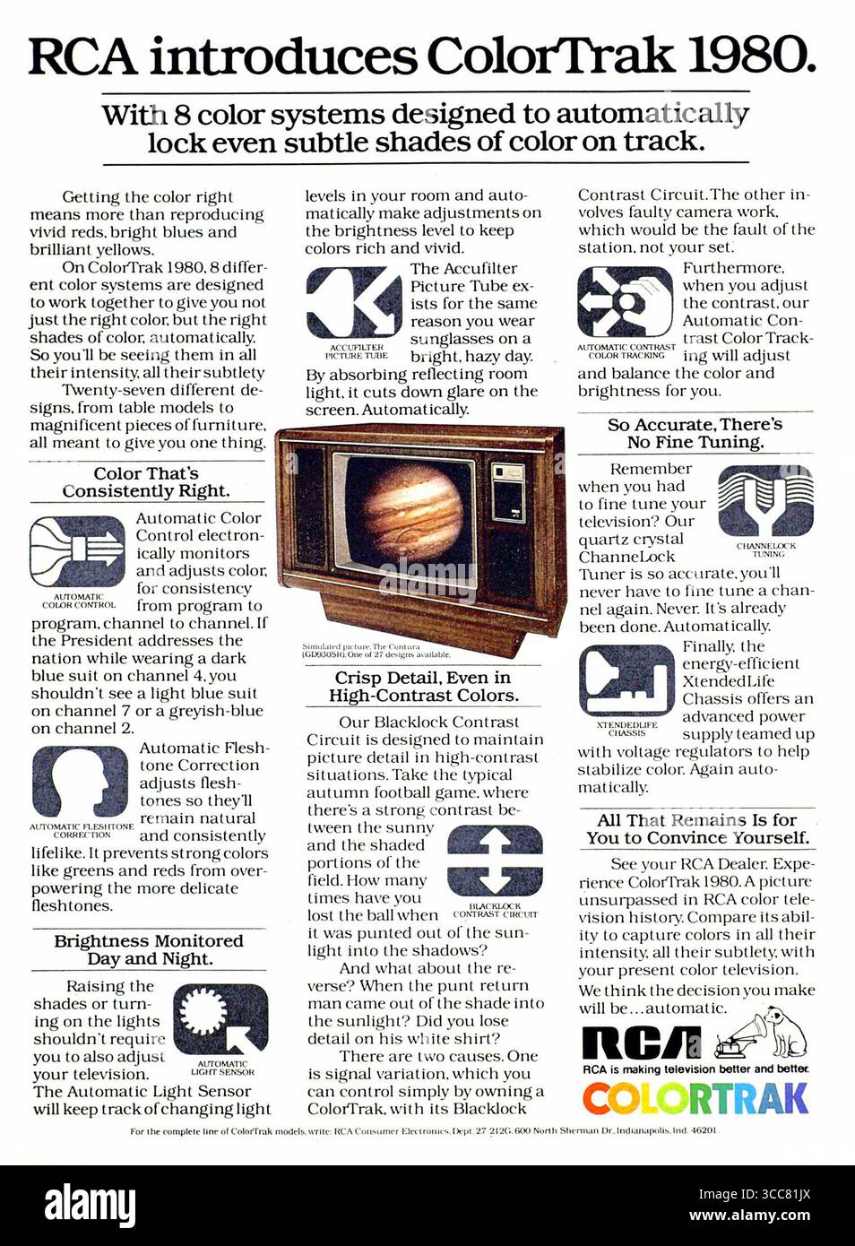 1980 annuncio RCA ColorTrak System, un televisore a colori introdotto da RCA Foto Stock