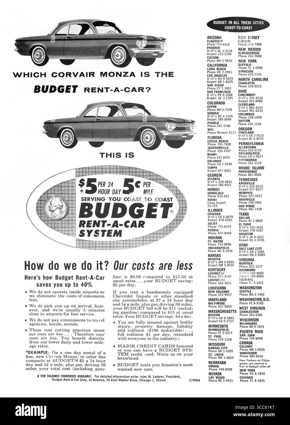 Annuncio 1963 budget Rent-A-Car Chicago Illinois Car Rental, con la Chevrolet Corvair Monza. Foto Stock