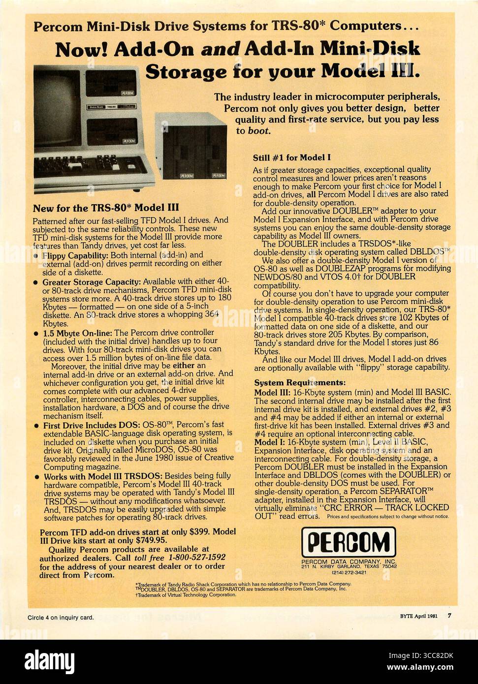1981 annuncio sui sistemi di unità Mini-disco Percom per computer TRS-80 Foto Stock