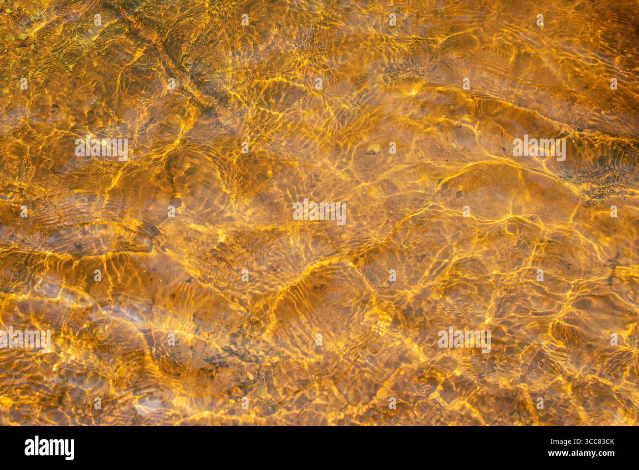 Riflesso dorato del sole sulla superficie dell'acqua. Forme astratte in natura Foto Stock