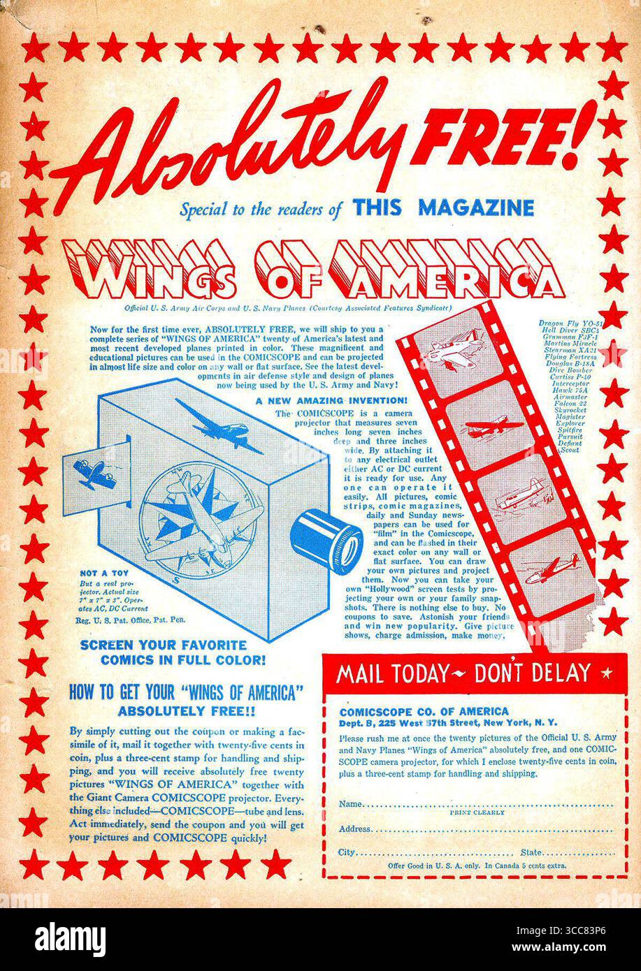 1941 annuncio del fumetto Wings of America Comicscope Foto Stock
