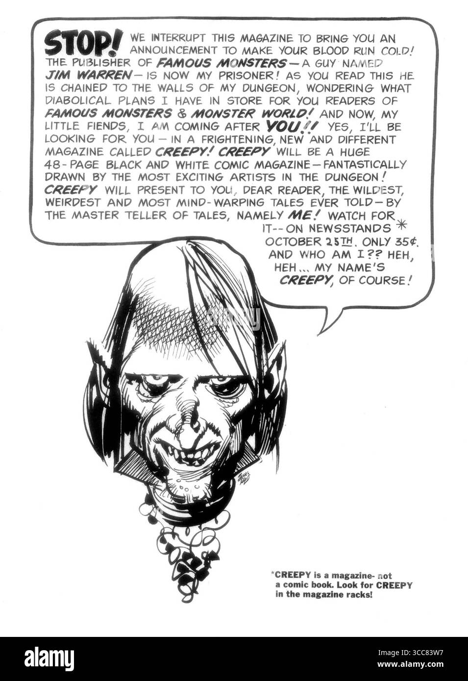 Annuncio 1964 per una nuova rivista di fumetti horror Creepy. Foto Stock