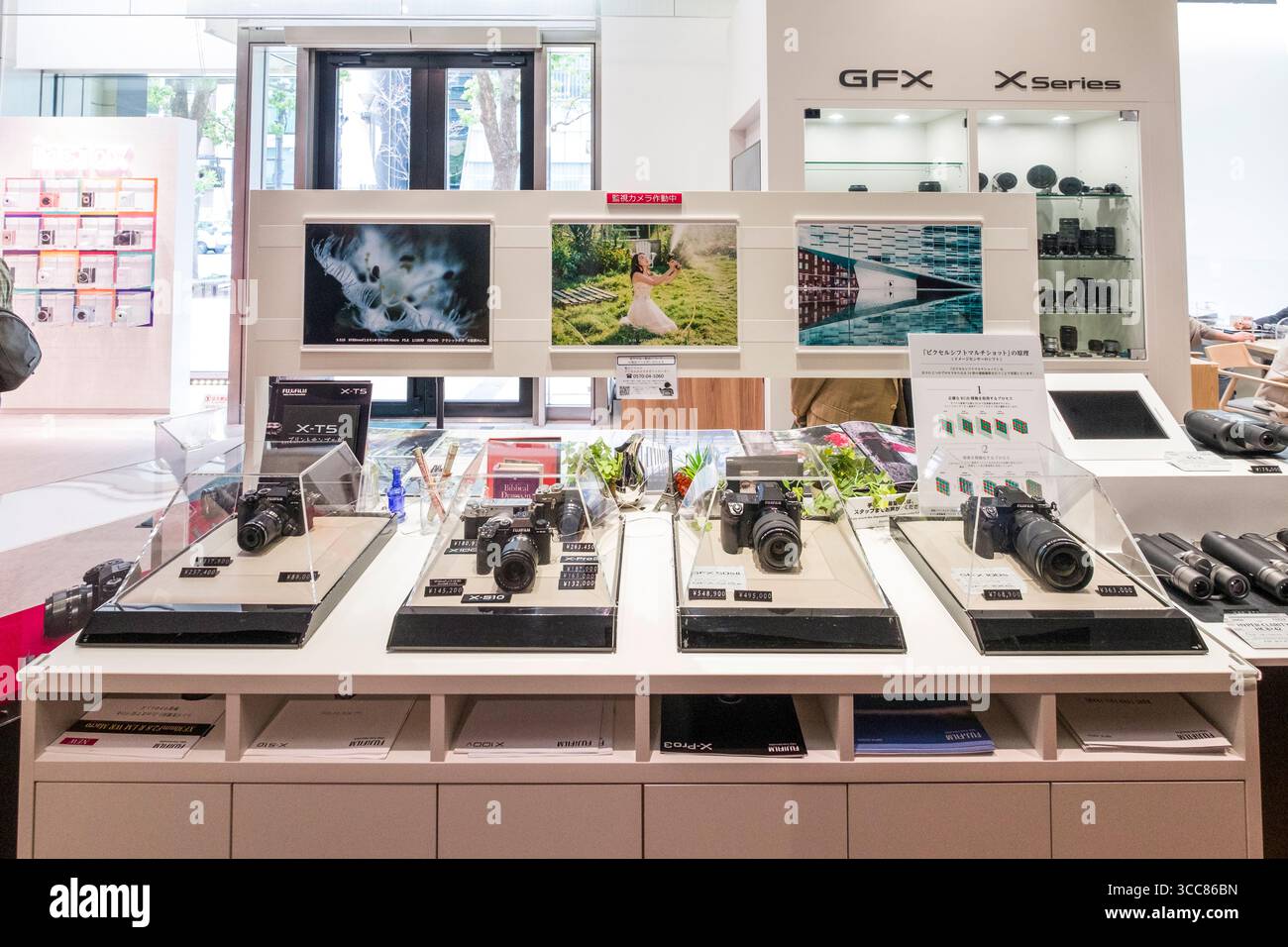 Fotocamere digitali Fujifilm esposte all'interno del Fujifilm Photo History Museum, Akasaka, Minato City, Tokyo, Kantō, Honshu, Giappone Foto Stock