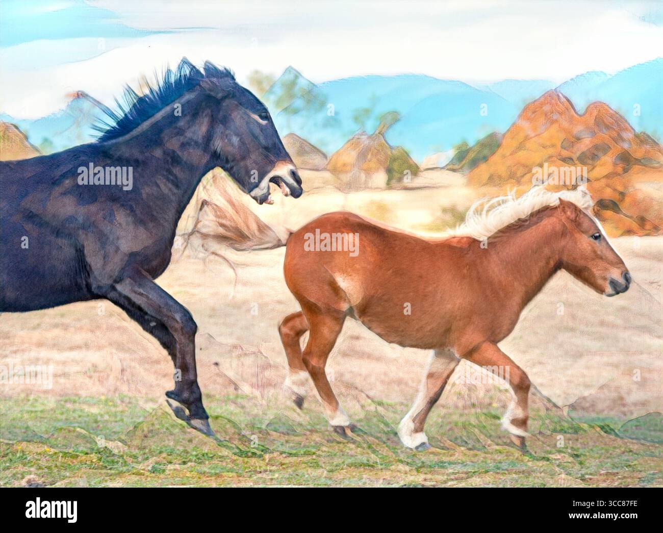 Gli amici adulti di mulo e pony giocano sul campo. Foto artistiche digitali stilizzate. Foto Stock