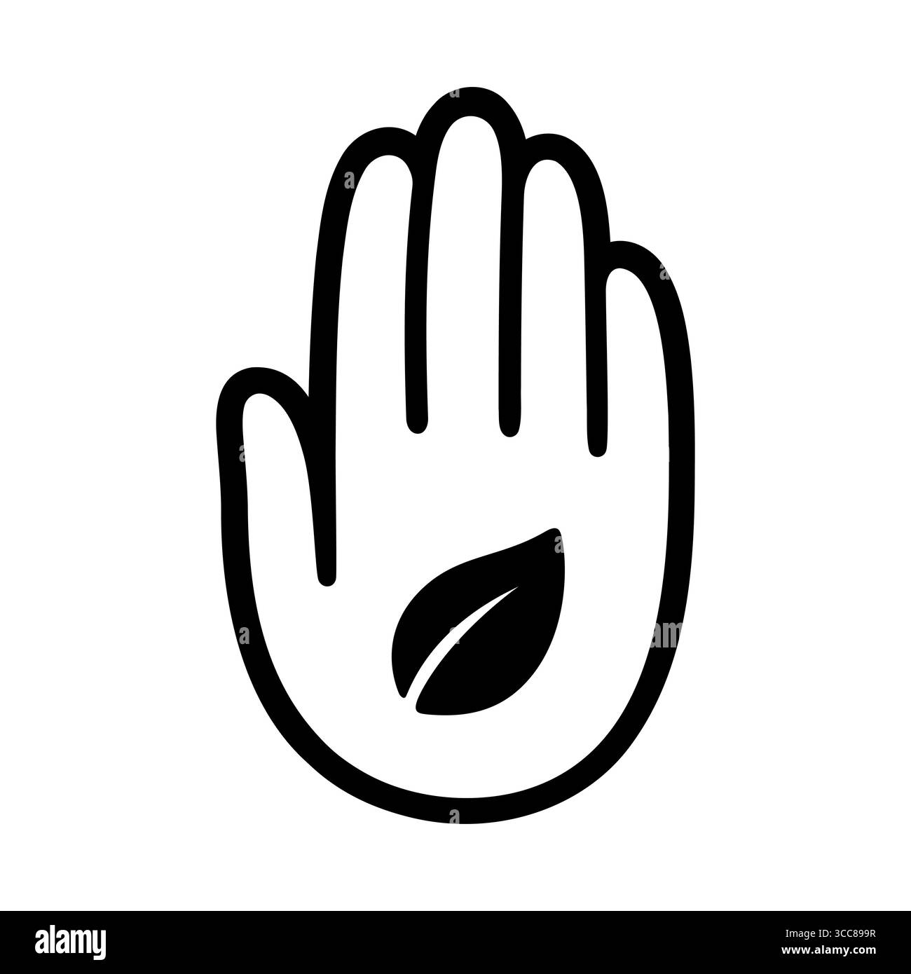 Mano umana con simbolo di silhouette a foglia. Cura delle piante, protezione dell'ambiente, logo bio organico. Illustrazione vettoriale disegnata a mano. Illustrazione Vettoriale