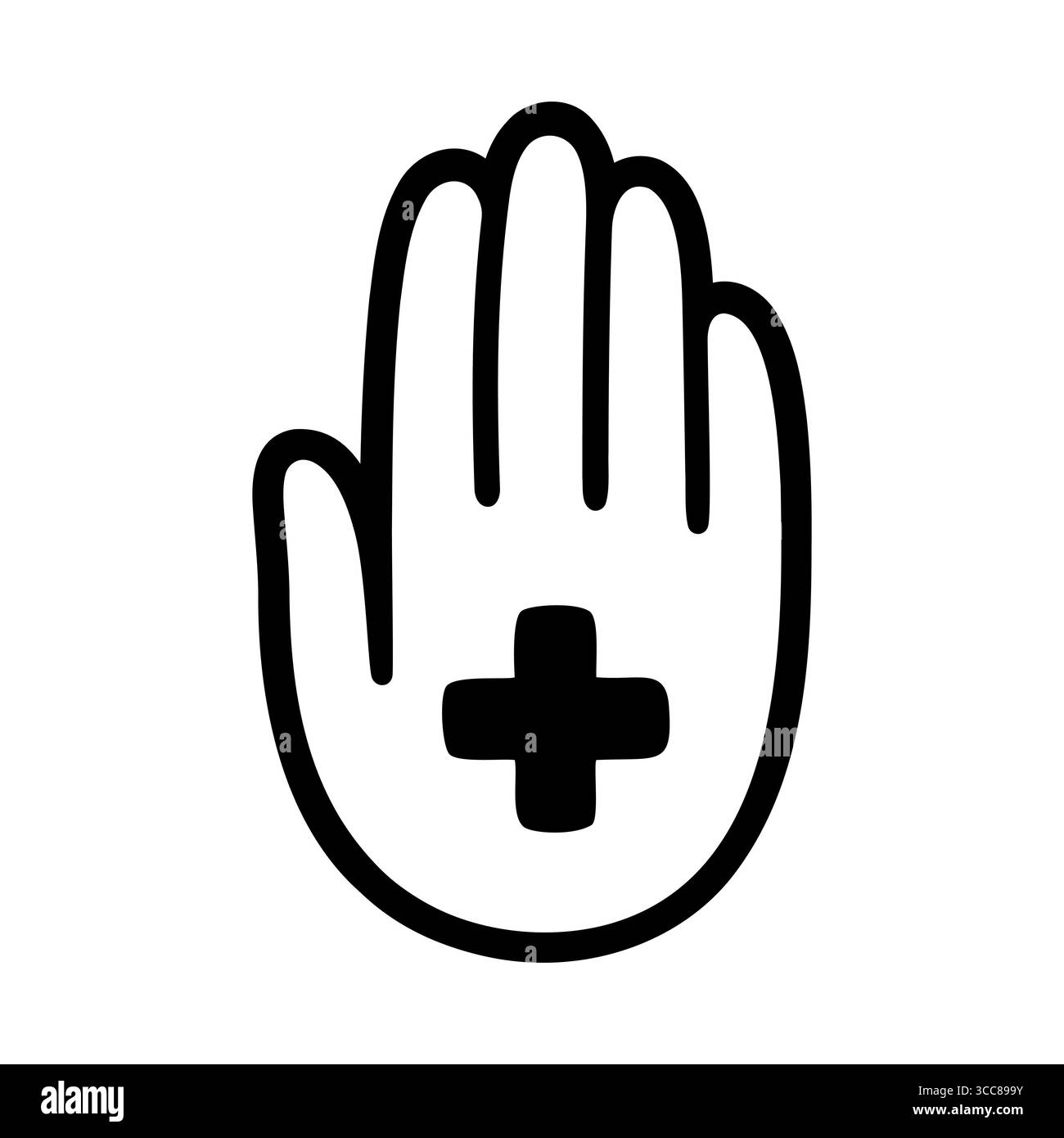 Mano umana con simbolo medico croce silhouette. Ente di beneficenza per la salute, elemento di design del logo di volontariato. Illustrazione vettoriale disegnata a mano. Illustrazione Vettoriale