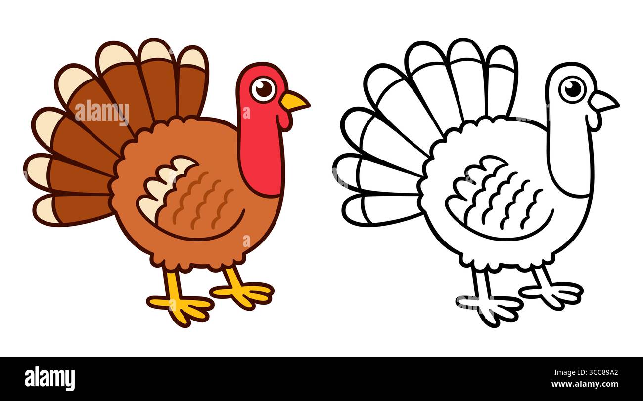 Carino disegno di tacchino cartoni animati, divertente uccello grasso per il Ringraziamento. Illustrazione a colori e disegni a linee in bianco e nero per la colorazione. Clipart vettoriale disegnato a mano. Illustrazione Vettoriale
