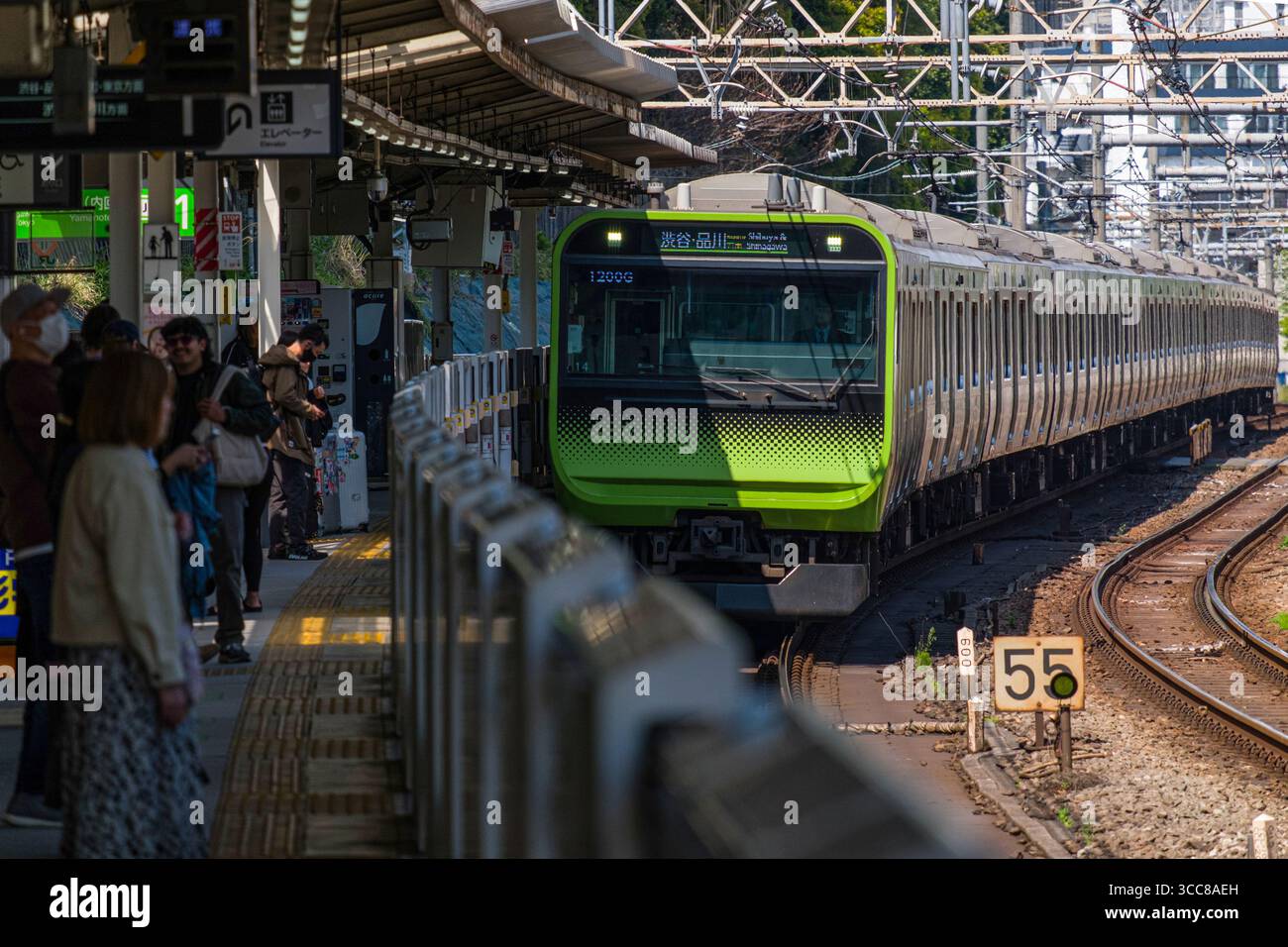 Linea Yamanote serie E235, treno per pendolari a più unità elettriche CC che arriva alla stazione di Harajuku, Jingumae, Shibuya City, Tokyo, Kantō, Honshu, Giappone Foto Stock