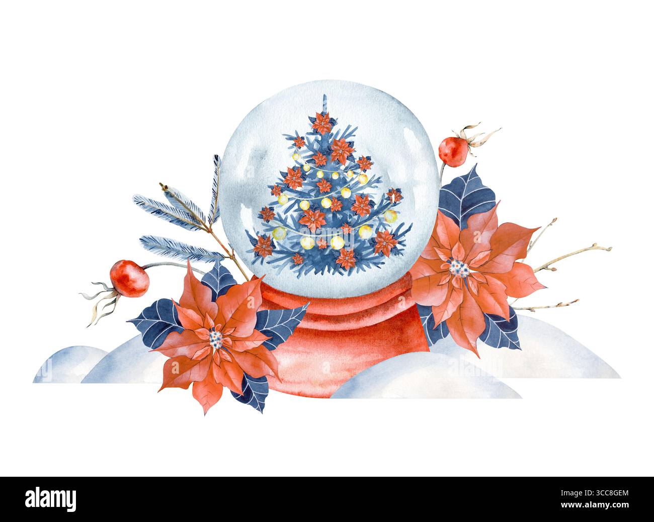 Una composizione festosa con un globo di neve, un albero di Natale, una punta luminosa, rosa fianchi e ciaspole, dipinta a mano. Illustrazione invernale con acquerello Foto Stock