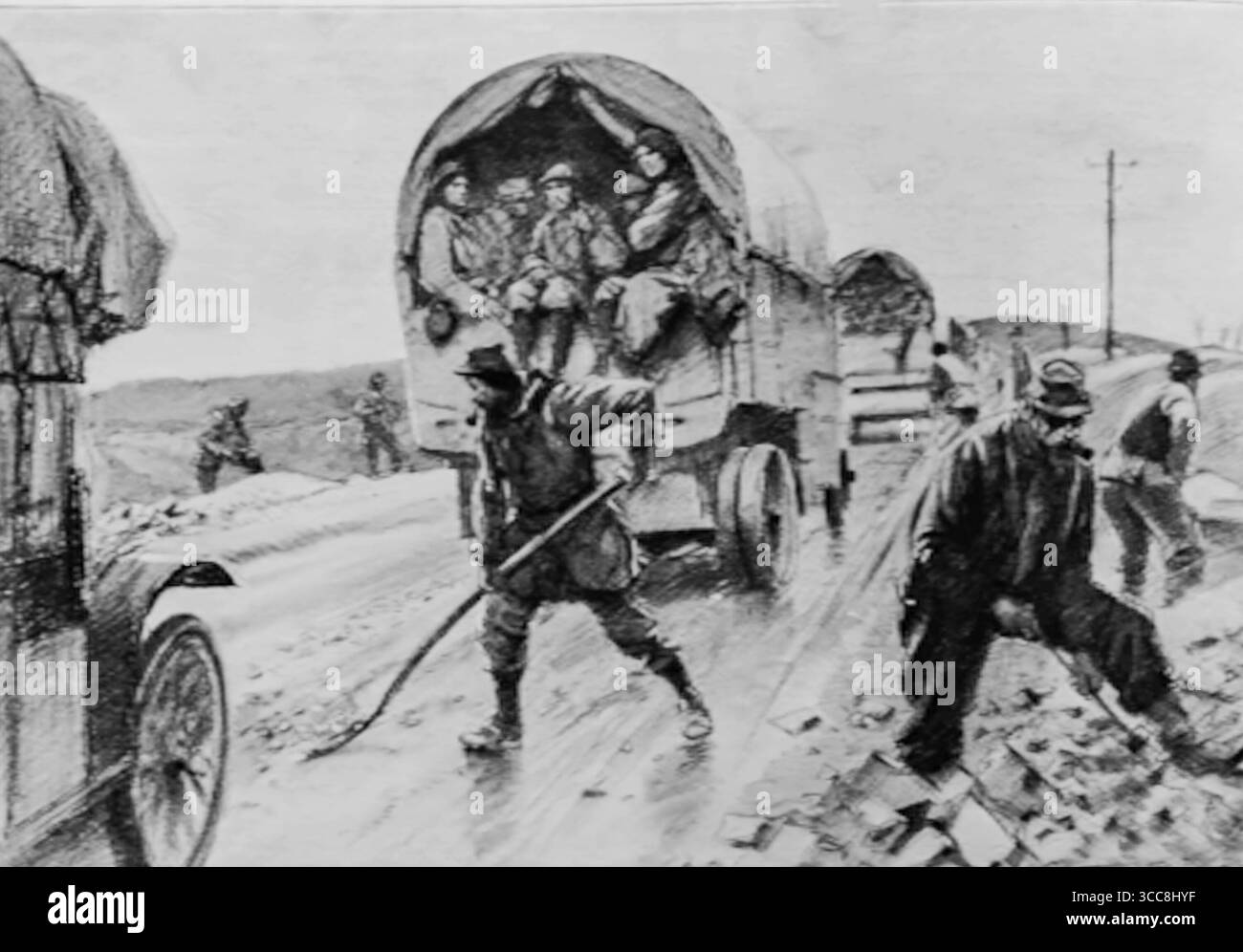 Illustrazione da l'Illustration, 15 aprile 1916, raffigurante la manutenzione stradale francese durante la battaglia di Verdun. Soldati e operai riparano la superficie stradale mentre passano i convogli militari, garantendo che le linee di rifornimento rimangano aperte nonostante i continui bombardamenti e i danni al traffico. Questa scena in tempo di guerra mette in evidenza il ruolo vitale degli ingegneri e della logistica nel sostenere il fronte durante una delle battaglie più lunghe e sanguinose della prima guerra mondiale. Foto Stock