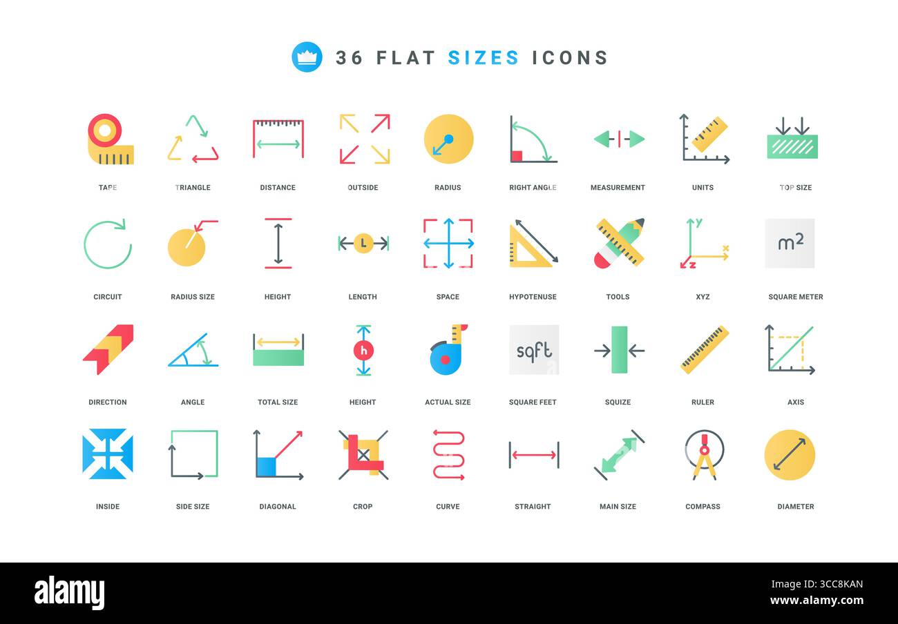 Dimensioni e spazio, capacità e misurazione della superficie con frecce delle dimensioni interne ed esterne, set di icone dei colori degli strumenti. Illustrazione vettoriale di elementi piatti con raggio e metro quadrato Illustrazione Vettoriale