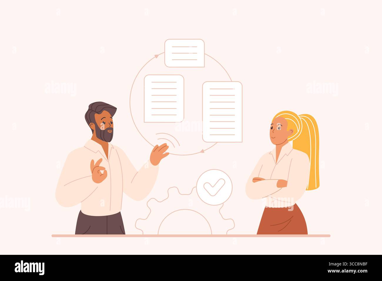 Capacità di comunicazione soffusa nell'ascolto attivo, prestare la massima attenzione per la voce e il messaggio, una conversazione efficace. Le persone più piccole ascoltano e parlano con empatia e produttività illustrazioni vettoriali dei cartoni animati Illustrazione Vettoriale